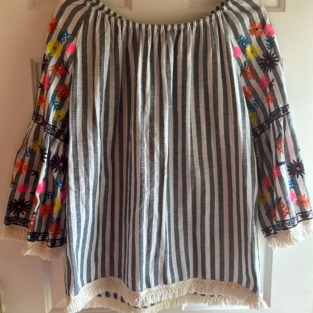 Ali Miles stripe top with floral embroidery Size M